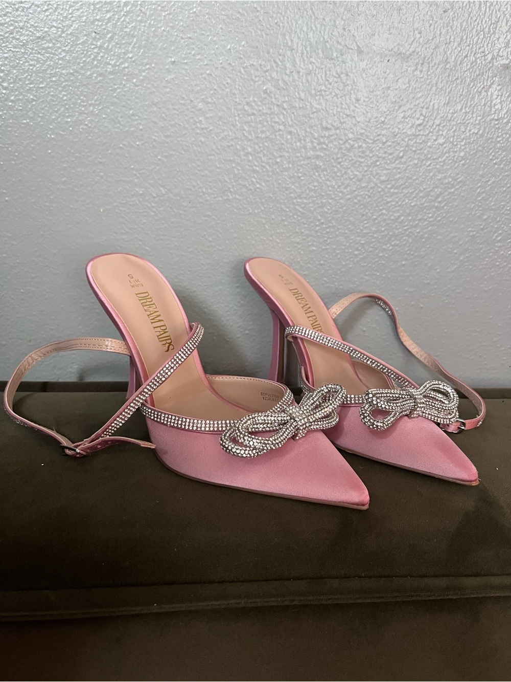 Dream Pairs Pink Satin Pointed Slingback Heels with Crystal Bow Accent